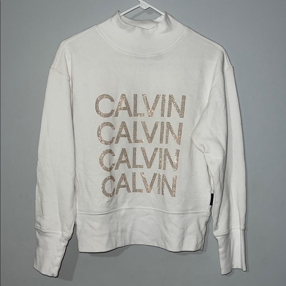 Calvin Klein White Mock Neck Sweater with Gold Accents